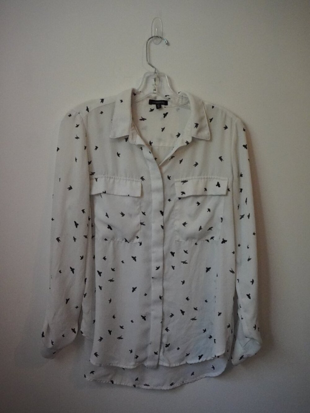 Dynamite Chiffon Blouse Size Small Bird Print Black and White Office Workwear
